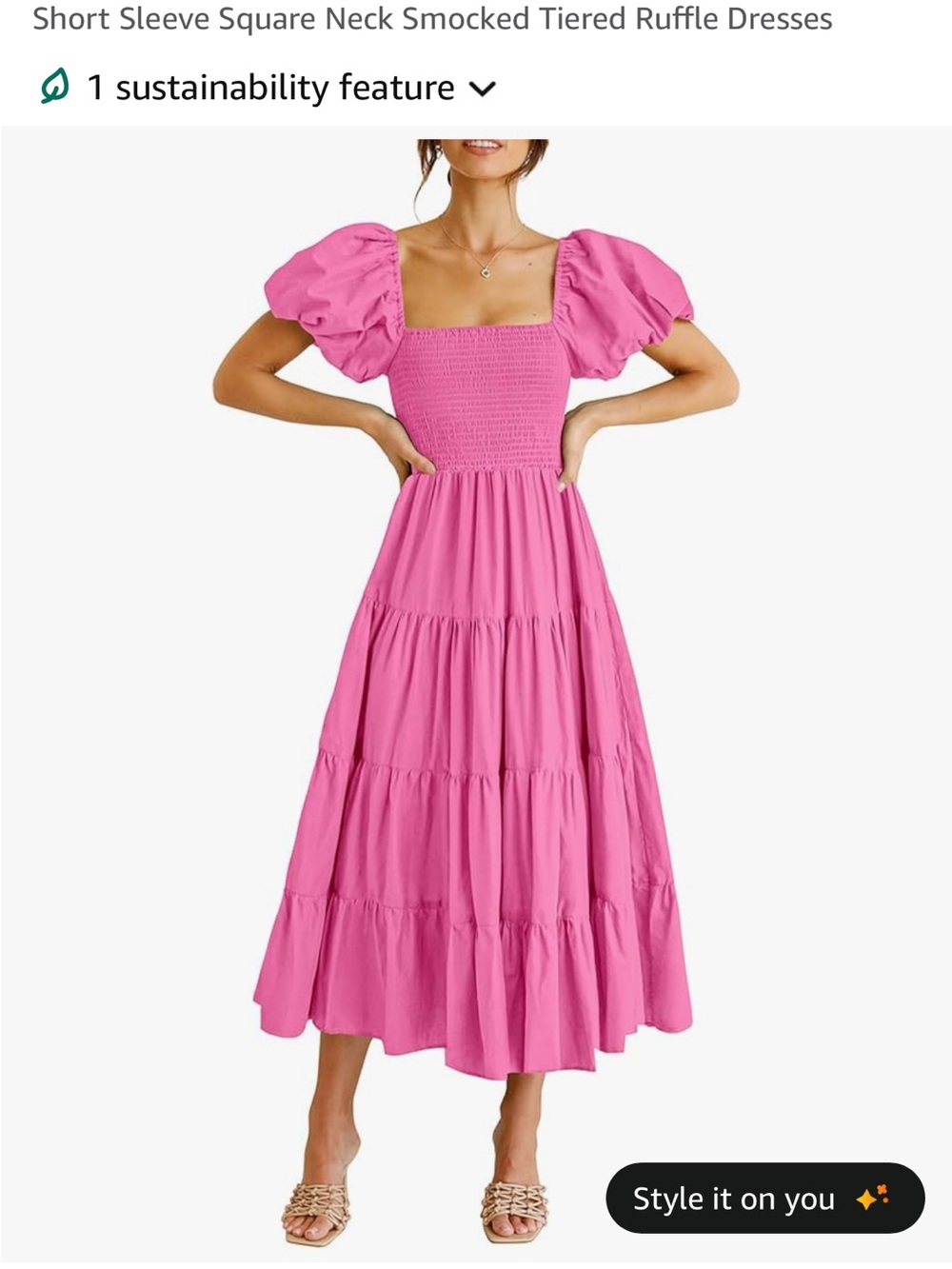 Puff-Sleeve Smocked Square-Neck Tiered Maxi Dress in Bright Pink